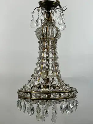 Vintage French Empire Style Gilt Bronze & Tiered Crystal & Beads Chandelier