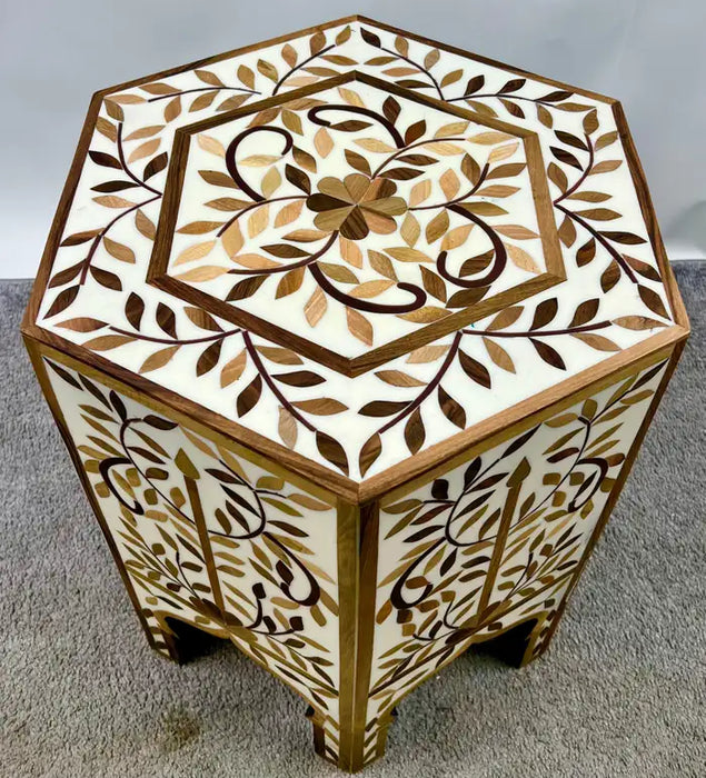 Moroccan Boho-Chic Handmade Walnut & Resin Inlay Hexagonal Side or End Table