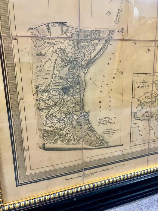 Large Vintage Antiqued Stanford Map of Italy in Black & Gold Frame 1990's