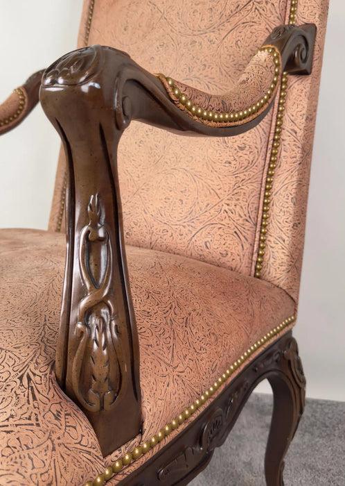 French Louis XV Style Mahogany Armchair with Embossed Salmon Pink Leather