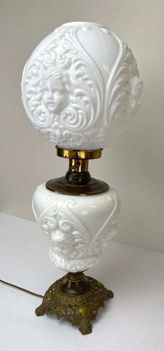 Victorian Cherub Face Milk Glass Double Globe & Bronze Converted Parlor Oil Lamp