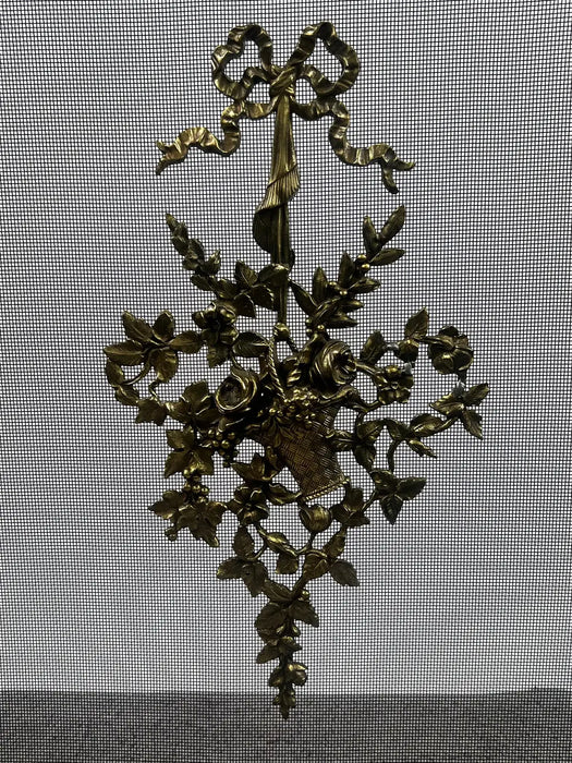 Antique French Art Nouveau Brass Firescreen with Floral & Ribbon Bouquet