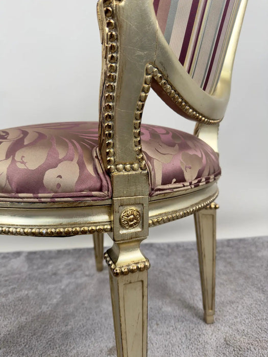 French Louis XVI Style Gilt & Plum Damask Pattern Upholstery Dining Chairs 10pcs