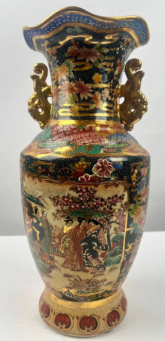 Vintage Royal Satsuma Japanese Hand-Painted Urn Style Vase, a Pair