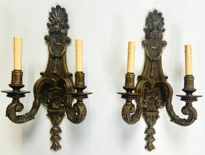 French Louis XVI Revival Style Patinated Bronze Wall Sconce Two Arms, a Pair