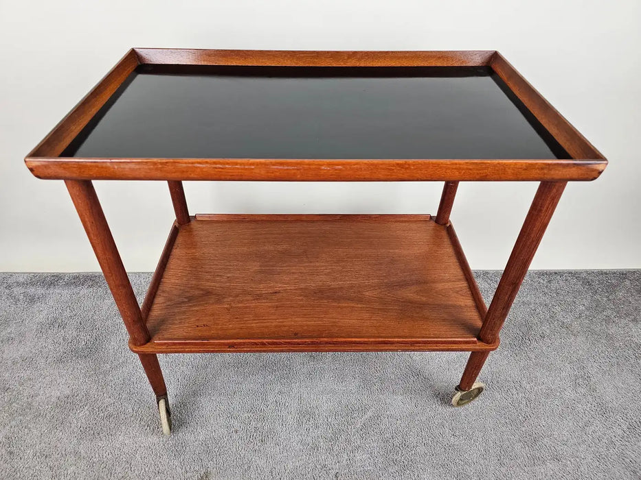 Mid-Century Modern Danish Teak Rolling Table Bar Cart After Poul Hundevad