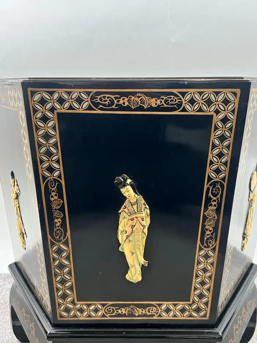 Asian Black Lacquer Hexagonal Side Table with Hand-Painted Gold & Figural Pane