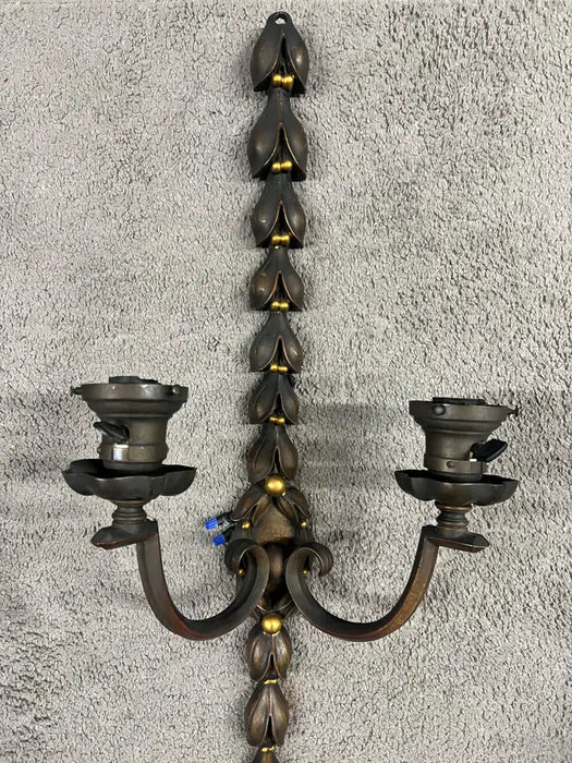Art Nouveau Two Arms Bronze w Frosted Milk Glass Shades Wall Sconce, a set of 3