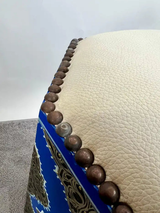 Boho Chic Moroccan Blue & Filigree Silver Design with White Leather Top Stool