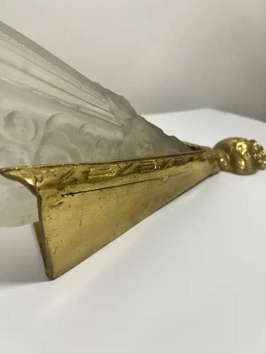French Art Deco Brass & Frosted Glass Shield Shaped Wall sconce, a Pair