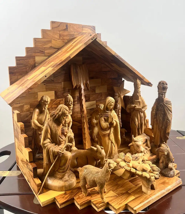 Religious Hand Carved Olive Wood Nativity Set with Stable, Holy Family, Wise Men