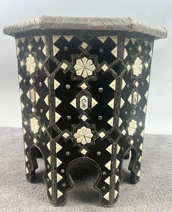 Moroccan Black & White Bone with Filigree Inlay Octagonal End Table, a Pair