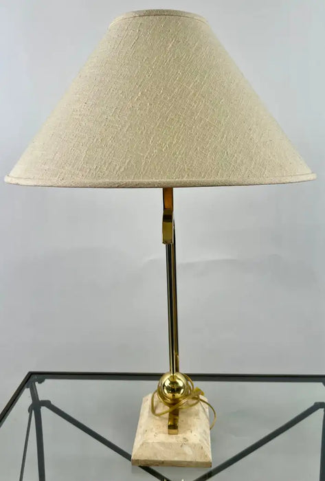 Mid-Century Modern Brass Table Lamp w Marble Base & Original Fabric Shade, Pair