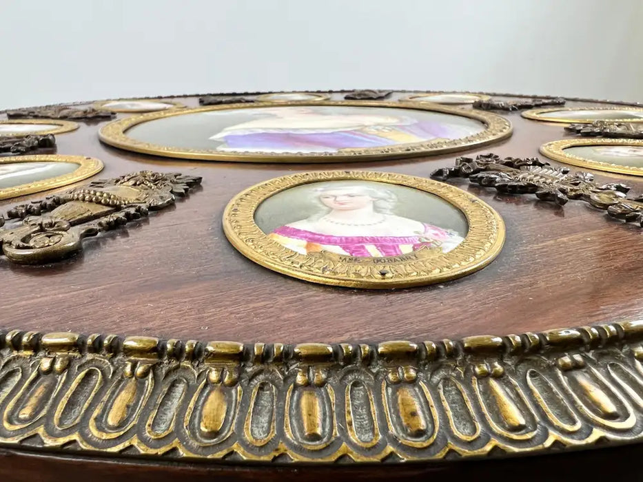 19th C French Louis XVI Mahogany & Bronze w Sèvres Style Portraits Salon Table