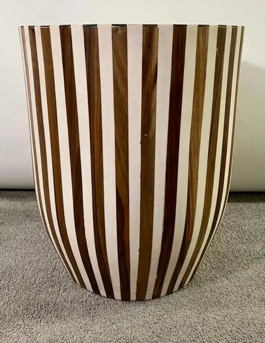 Art Deco Style Brown & White Cylindrical Walnut Resin End Table or Stool, a Pair