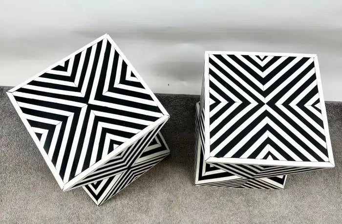 Art Deco Style Black & White Resin Sculptural Side, End Table or Stool, a Pair