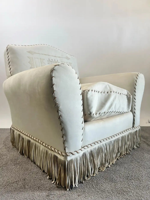 Vintage Ralph Lauren Leather Club Chair, Hand-Painted Arrowhead & Fringe, 1980's