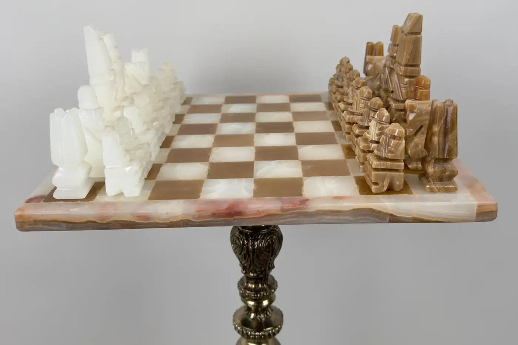 Victorian Revival Chess Table & Pieces with Marble Top & Bronze Base