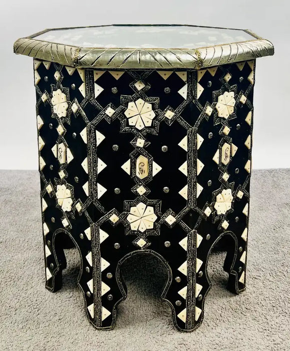 Moroccan Black & White Bone with Filigree Inlay Octagonal End Table, a Pair