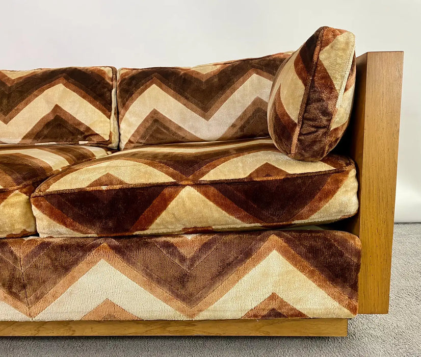 Mid-Century Modern Milo Baughman Burlwood Sofa in Lenor Larsen Style Upholstery
