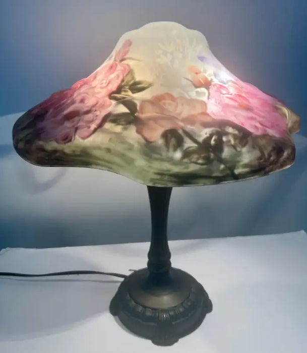 Pairpoint Puffy Style Hand-Painted Floral Table Lamp with Bronze-Finish Base