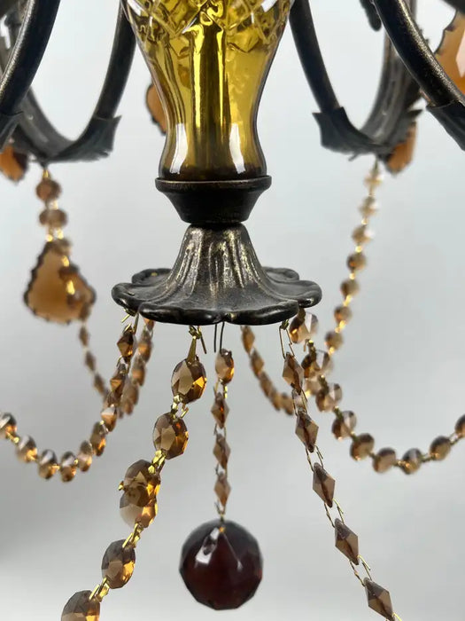 French Rococo Revival Bronzed Chandelier with Amber Glass Drops, 6 Arms