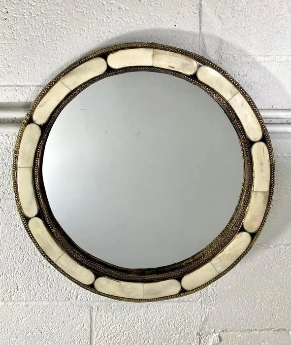 Art Deco Style Round White Frame & Antiqued Brass Filigree Inlay Mirror, a Pair