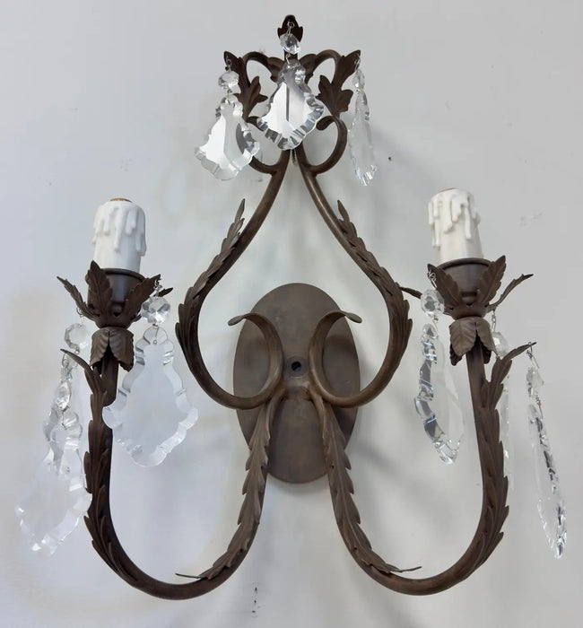 French Louis XV Style Wrought Iron & Crystal Two Arm Wall Sconce, a Pair