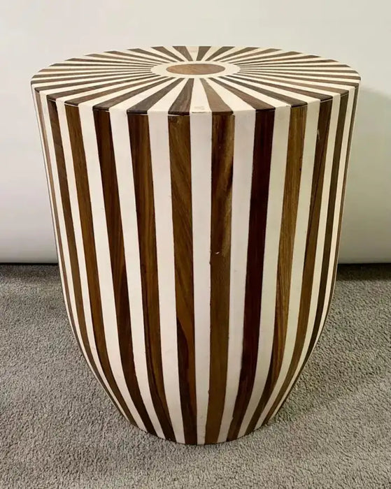 Art Deco Style Brown & White Cylindrical Walnut Resin End Table or Stool, a Pair