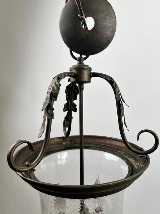 French Regency Style Bell Jar Pendant with Seeded Glass and Acanthus Leaf Bronze