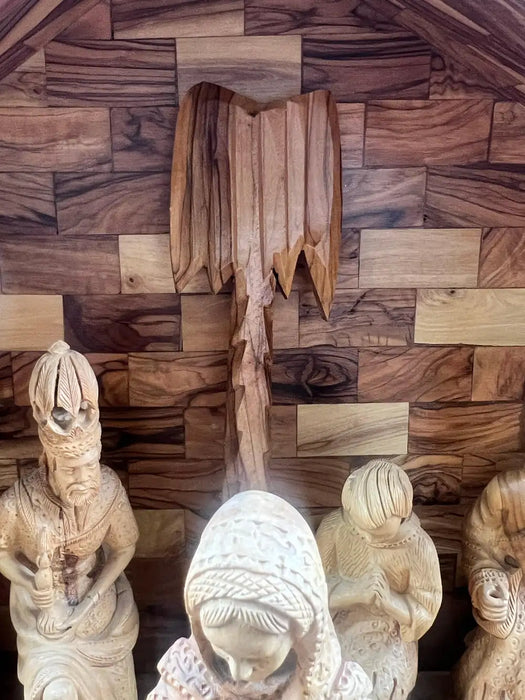 Religious Hand Carved Olive Wood Nativity Set with Stable, Holy Family, Wise Men