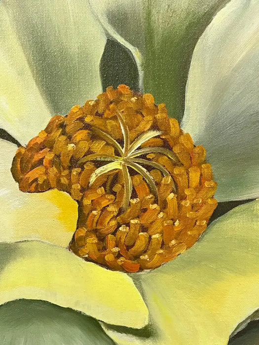 Modern Floral Still Life with White Bloom Oil on Canvas Signed by artist 1990's