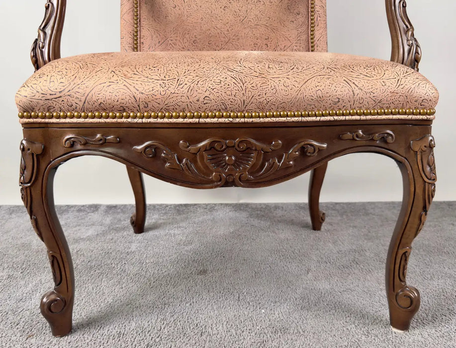 French Louis XV Style Mahogany Armchair with Embossed Salmon Pink Leather