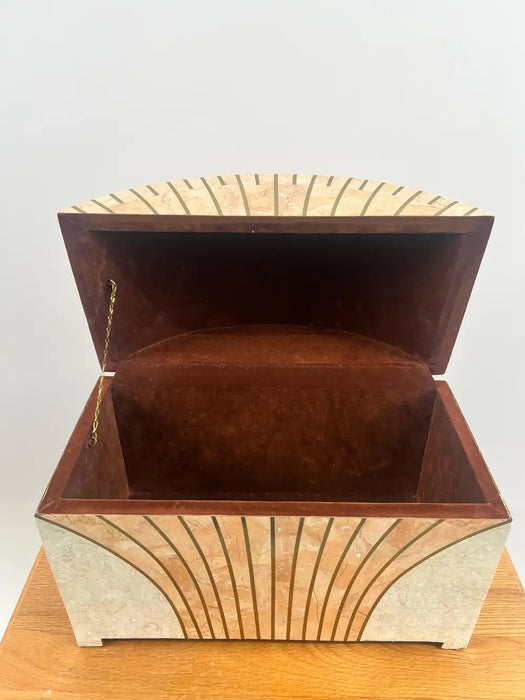 Art Deco Style Maitland-Smith Tessellated Pink Marble & Brass Chest, Jewelry Box