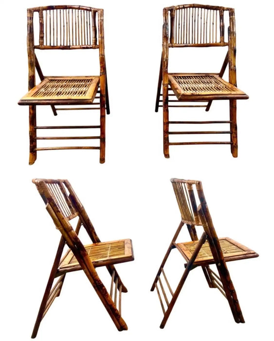 Mid Century Modern Organic Hand Crafted Bamboo Folding Chair, Set of 4