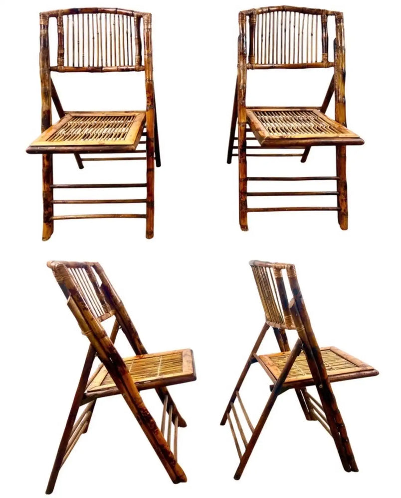 Mid Century Modern Organic Hand Crafted Bamboo Folding Chair, Set of 4