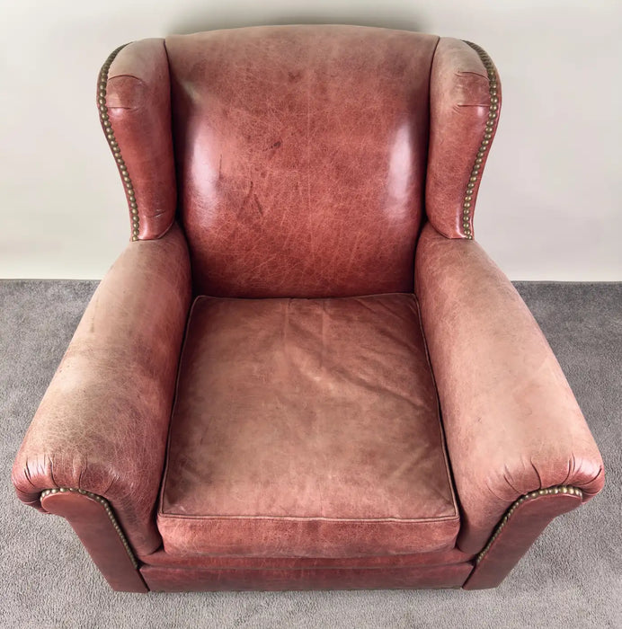 American Classical Style Distressed Leather Red - Brown Oversized Club Chair