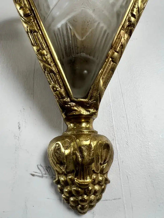 French Art Deco Brass & Frosted Glass Shield Shaped Wall sconce, a Pair