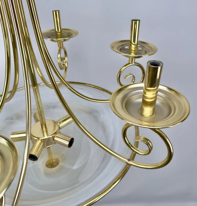 Art Deco Brass Chandelier with White Milk Frosted Glass Bottom Bowl, 6 Arms