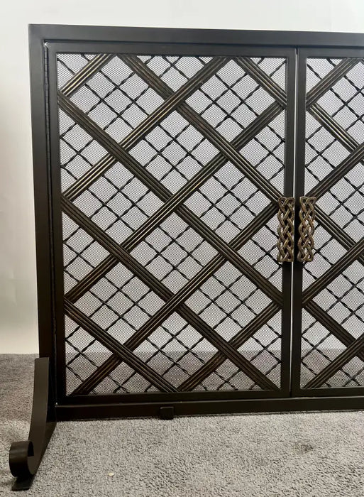 Art Deco Style Black & Bronzed Metal Two-Door & Diamond Design Fireplace Screen