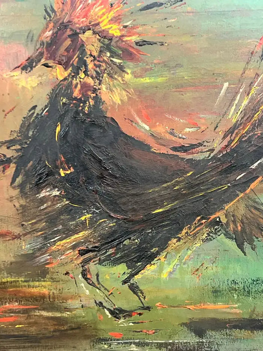 Alice Marcus " The Cockfight " Oil Painting on Canvas , Signed & Framed 1981