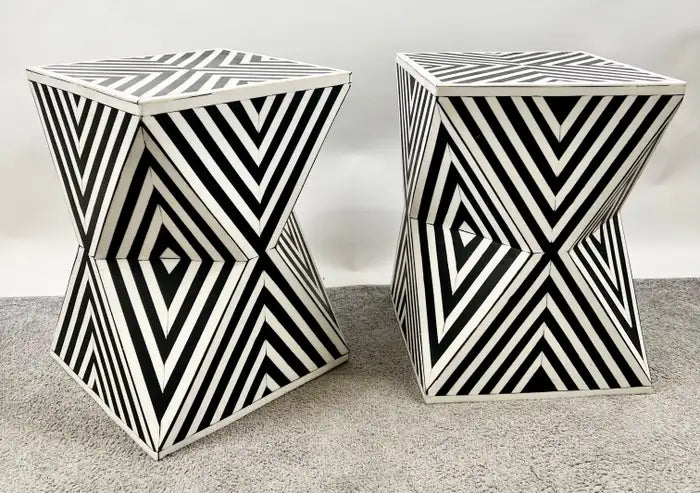 Art Deco Style Black & White Resin Sculptural Side, End Table or Stool, a Pair