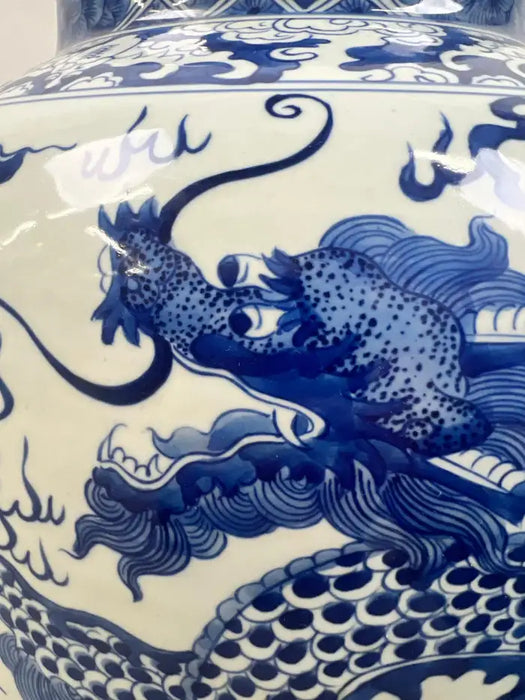 Imperial Chinese Qing Dynasty Style Blue & White Dragon Porcelain Vase