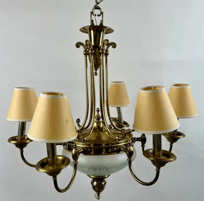 French Empire Style Brass & Etched Cut Glass Center Globe Chandelier - 6 Arms