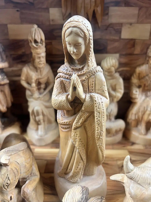 Religious Hand Carved Olive Wood Nativity Set with Stable, Holy Family, Wise Men