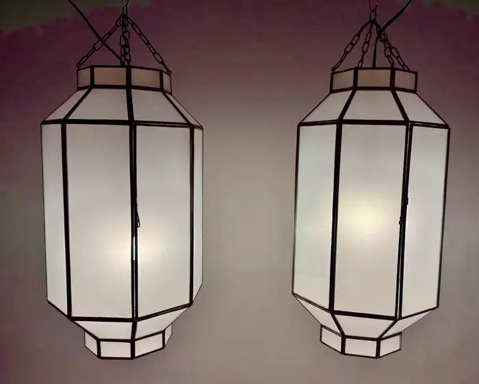 Art Deco Style Frosted White Milk Glass & Bronze Octagonal Pendant, a Pair