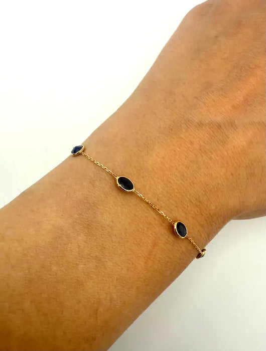 2.5 Ct Oval Cut Blue Sapphire Station Chain Stackable Bracelet 18K Yellow Gold