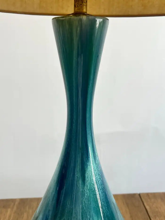Mid-Century Modern Green Malachite Teardrop Design Table Lamp w Custom Shade