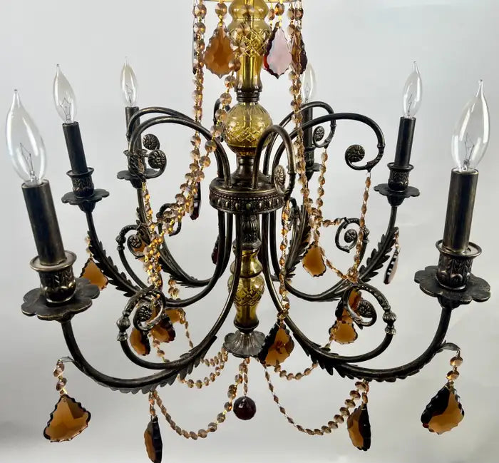 French Rococo Revival Bronzed Chandelier with Amber Glass Drops, 6 Arms