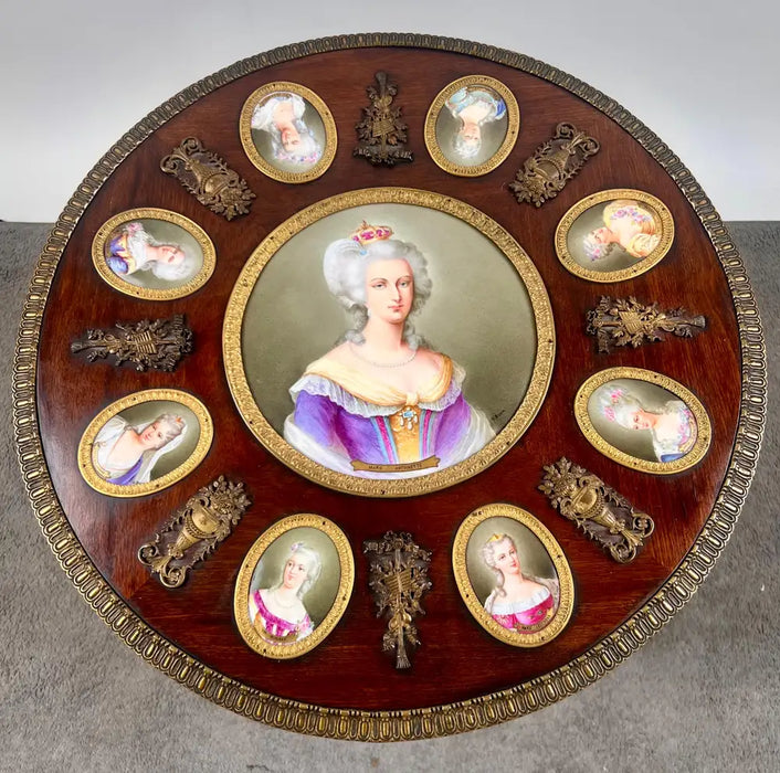 19th C French Louis XVI Mahogany & Bronze w Sèvres Style Portraits Salon Table